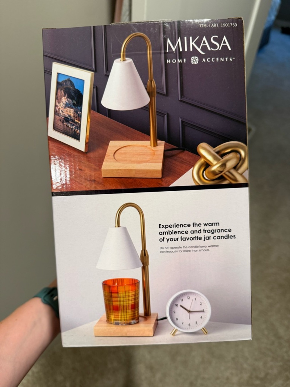 Mikasa Gold Tone Candle Warmer with Wood Base and White Shade